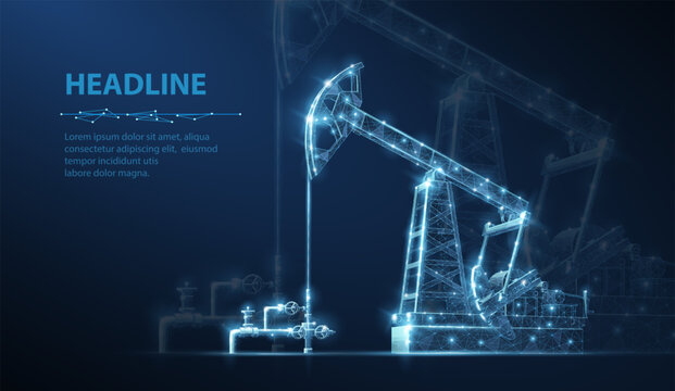 Futuristic oil pump jack in blue glow. Energy production concept, petroleum extraction, industrial machinery, drilling technology, engineering field, digital industry scene. Vector illustration