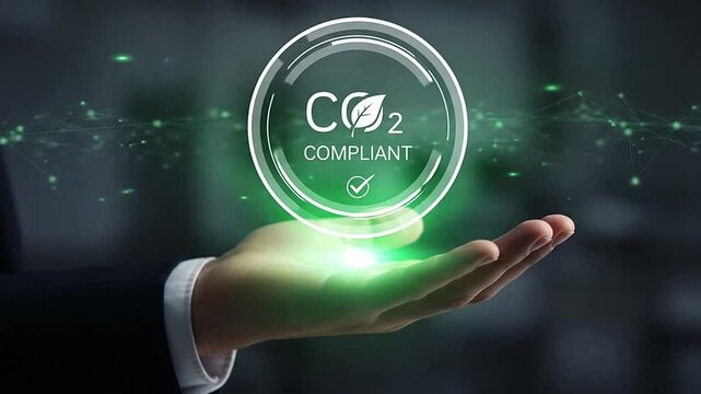 Business hand holding CO2 compliant symbol.