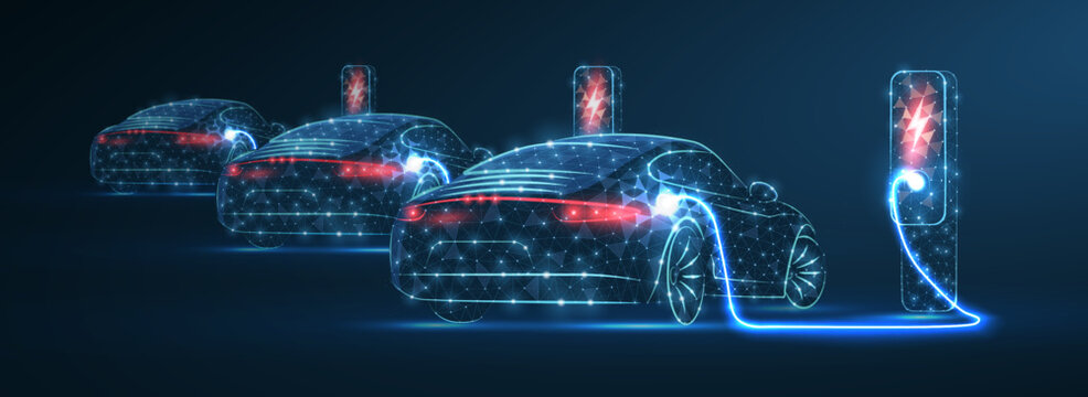 Futuristic electric cars charging with glowing cable. EV transport, clean energy, battery power, smart mobility, innovation, sustainability, digital automotive concept. Vector illustration