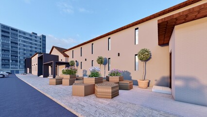 3D render of a modern building exterior featuring architectural landscaping with wooden hexagonal planters and vertical windows © Ahmad