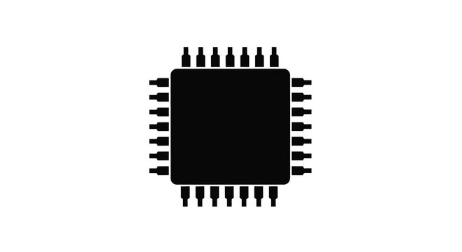 A stark black silhouette depicts a microchip showcasing numerous pins and a central processing area high quality professional detailed modern elegant
