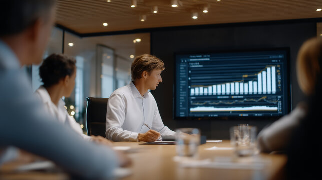Young founder pitching sustainable agriculture tech to venture capitalists in modern conference room, soil samples and crop data on presentation screen, investors taking notes intently, perfect for 