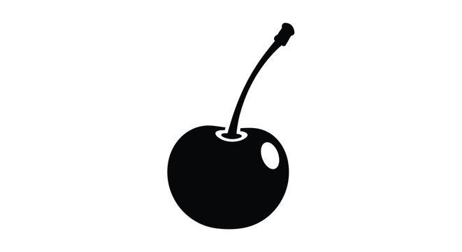 A simple black silhouette depicts a single cherry with a curved stem and a visible indentation high quality professional detailed modern