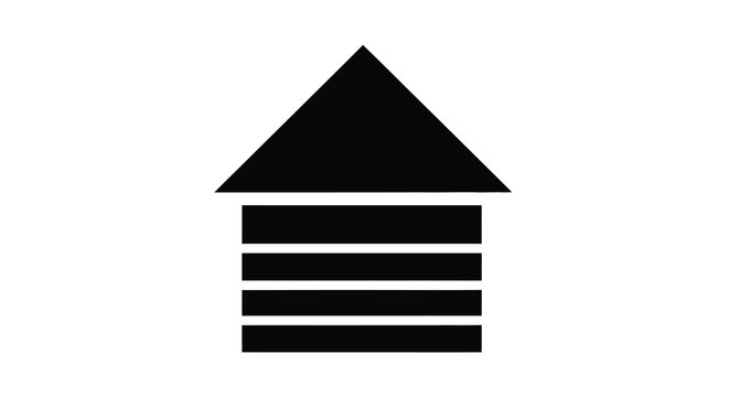 A simple black icon depicts a house with a triangular roof and three horizontal lines below high quality professional detailed modern