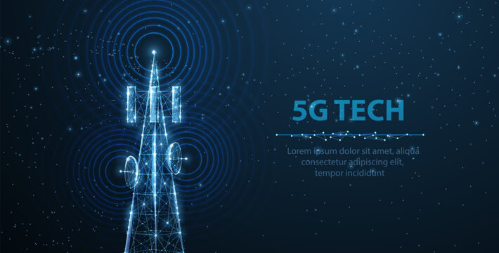 5G telecom tower with glowing signal waves on blue background. Wireless communication, mobile network, internet connection, digital infrastructure, future technology concept. Vector illustration