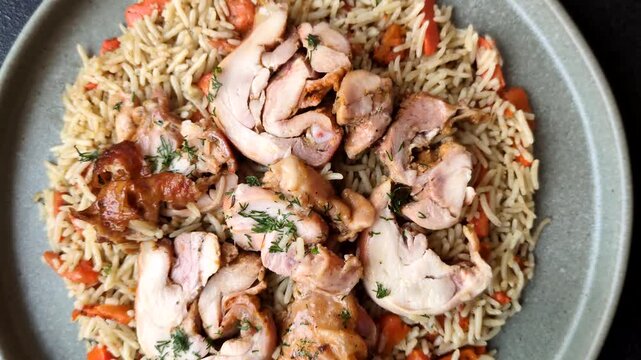 Kabsa or mandi, an Arabic dish with rice and chicken, salt, and spices. Kabsa or mandi as a food background for your design