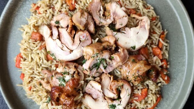 Kabsa or mandi, an Arabic dish with rice and chicken, salt, and spices. Kabsa or mandi as a food background for your design
