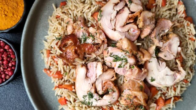 Kabsa or mandi, an Arabic dish with rice and chicken, salt, and spices. Kabsa or mandi as a food background for your design