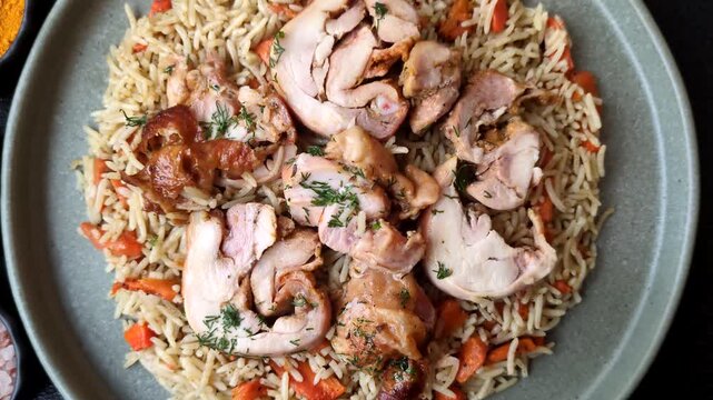 Kabsa or mandi, an Arabic dish with rice and chicken, salt, and spices. Kabsa or mandi as a food background for your design