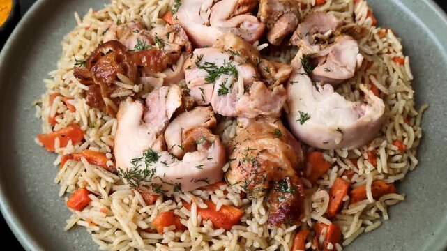 Kabsa or mandi, an Arabic dish with rice and chicken, salt, and spices. Kabsa or mandi as a food background for your design