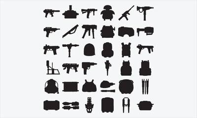 Obraz premium Military icon set. Containing Military Equipment, tools, aids, appliances, and more. Vector illustration