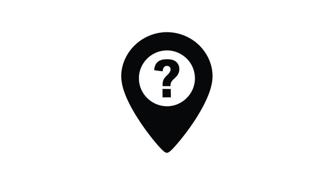 A simple black location pin icon features a white circle containing a black question mark inside high quality professional detailed modern