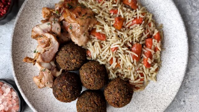 Kabsa or mandi, an Arabic dish with rice and chicken, salt, and spices. Kabsa or mandi as a food background for your design