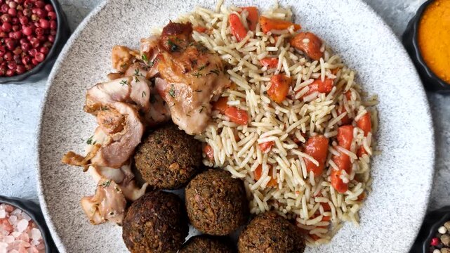Kabsa or mandi, an Arabic dish with rice and chicken, salt, and spices. Kabsa or mandi as a food background for your design