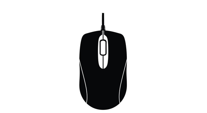 A stark black and white silhouette depicts a modern computer mouse showcasing its ergonomic shape and scroll wheel high quality professional