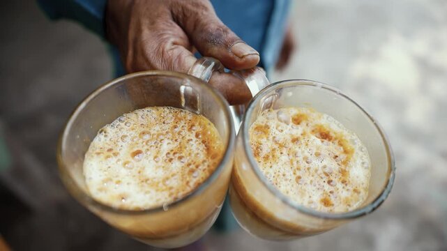 A man holds two steaming cups of milk tea, capturing the warmth of everyday street life in India and Bangladesh, where chai is a beloved tradition, comfort, and daily ritual