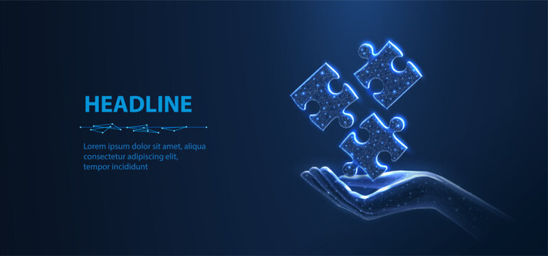 Digital hand holding jigsaw puzzle pieces on blue background. Problem solving, business solution, teamwork, innovation strategy, connection system, future idea concept. Vector illustration