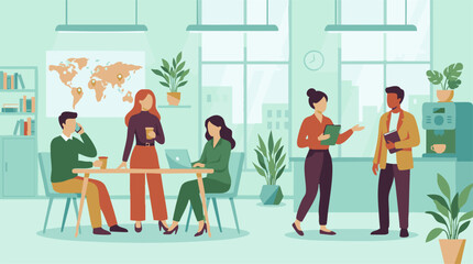 Fototapeta premium Employees collaborating in a modern business office with global map
