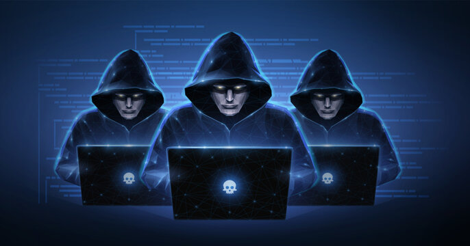 Three hooded hackers using laptops on dark blue background. Cyber attack, data breach, online crime, network security threat, malicious code, digital fraud concept. Vector illustration