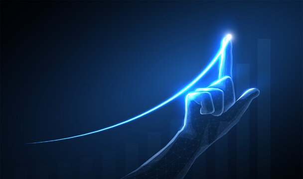 Glowing digital hand and rising line on blue background. Business growth, data analytics, success trend, virtual interface, financial technology, future strategy concept. Vector illustration