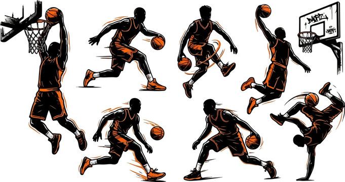 International Street Basketball Styles Black Orange Silhouette Vector