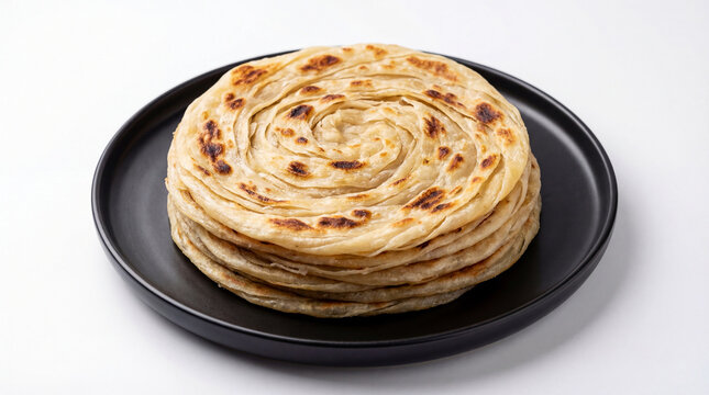 A stack of delicious lachha paratha on a black plate against a white background