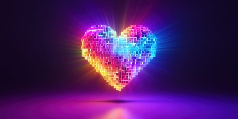 Fototapeta premium A vibrant 3D heart constructed from glowing neon pixel blocks radiating light
