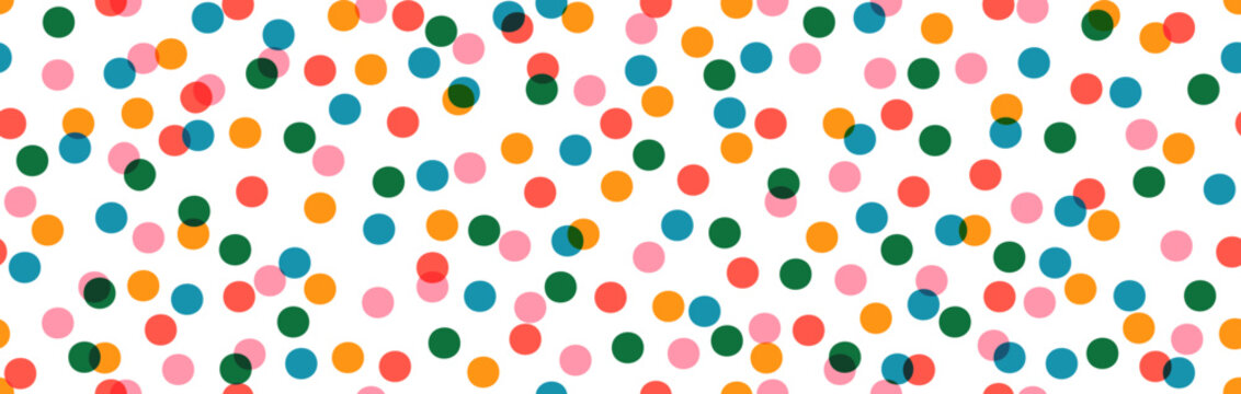 Bright multicolored polka dots scattered across a transparent background. Playful modern confetti seamless pattern for celebration, textile, wrapping paper, birthday party backdrop Vector illustration