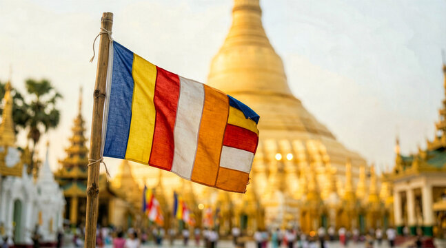 Close up of a colorful Buddhist flag waving on a bamboo pole. Golden pagoda temple blurred in the background during sunset