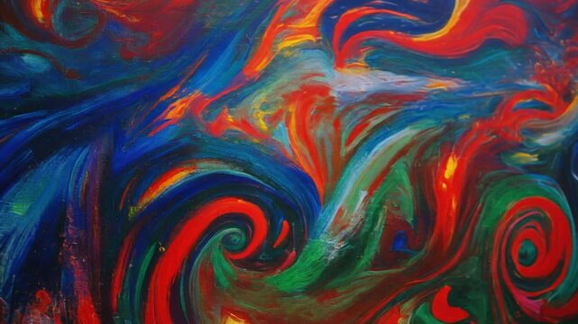 Vibrant swirling colorful paint mixture flowing in abstract art form on canvas in studio with white background