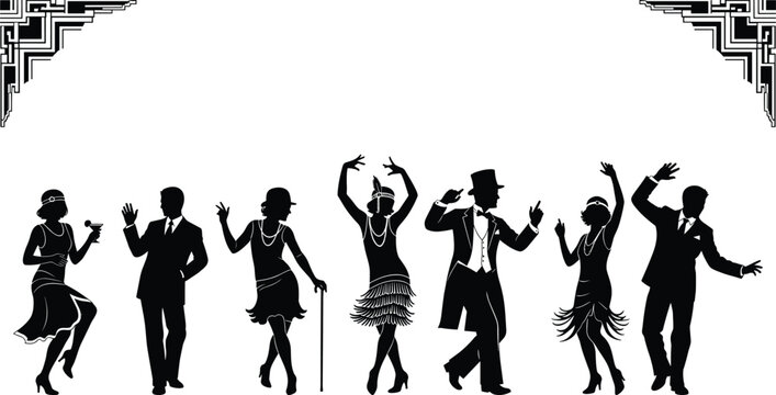 1920s flapper party silhouettes collection isolated on white background, vintage jazz dancers great gatsby style characters set for celebration design