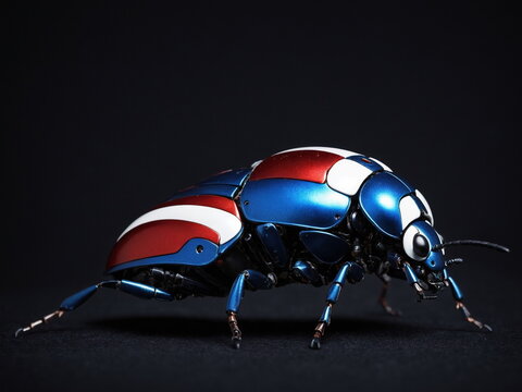 Futuristic Metallic Beetle Robot in Patriotic Red, White, and Blue Colors on a Stark Black Background, Showcasing Advanced Mechanical Design.