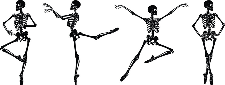 Dancing skeleton vector set with ballet poses, spooky Halloween skull characters illustration isolated, creepy bone figures movement collection design