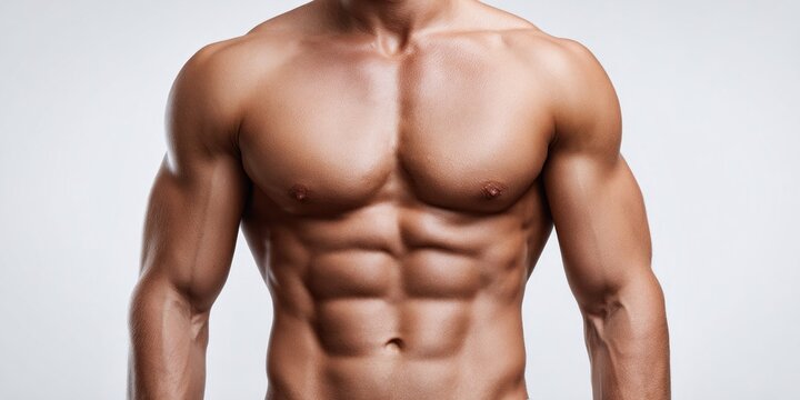 Close-up of a muscular man's defined abs and chest with toned arms