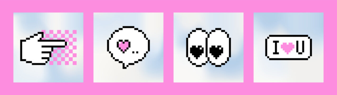 Y2k love backgrounds set. Pixel heart eyes, speech bubble I love U, pointer hand icon on light blue cloudy sky background. Retro gaming 8 bit cute design for digital love messages, stickers, greetings