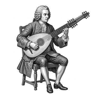 Classical Composer Playing Theorbo Lute Vintage Engraving