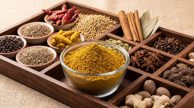 A wooden tray filled with various spices and herbs, including turmeric powder, ginger, cinnamon sticks, and other seasonings for cooking and baking