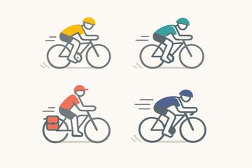 Fototapeta premium Modern Flat Design Bicycle Riders Icon Collection – 2D Vector People Cycling Illustrations Featuring Four Different Cyclists in Colorful Helmets and Clothes Riding Bikes with Speed Motion Lines