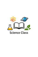Obraz premium Science Class Logo – Modern Flat Vector Emblem with Open Book, Atom, Laboratory Flask, Planet and Nature Leaf, Colorful Educational Icon for STEM and School