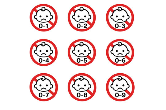 Set of 9 Baby Age Restriction Icons &ndash; Red Prohibited Signs with Sad Baby Face and Age Numbers 0-1 to 0-9 Vector Illustrations