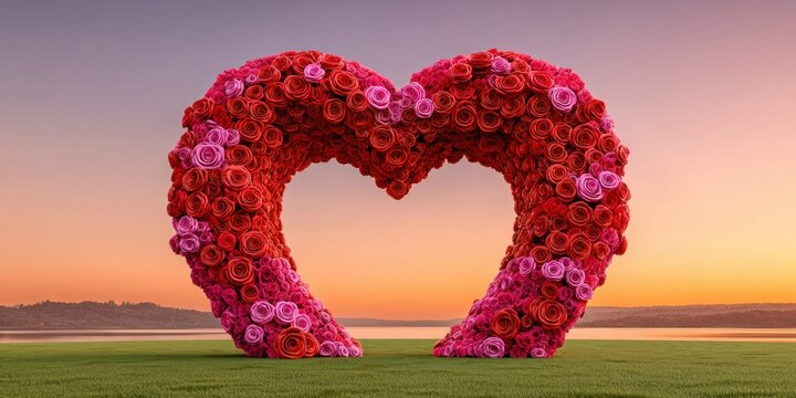A giant heart sculpture made of red and pink roses in a grassy field at sunset