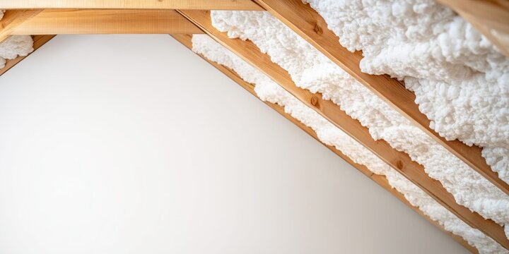 Close-up of attic insulation between wooden joists, a modern home improvement