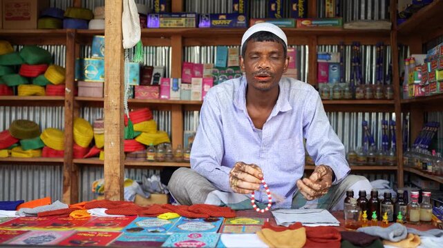 Street shopkeeper in northern Bangladesh quietly counts rosary beads while seated in his small shop, his vitiligo marked face glowing with calm dignity in a warm, portrait, leukoderma , leucoderma