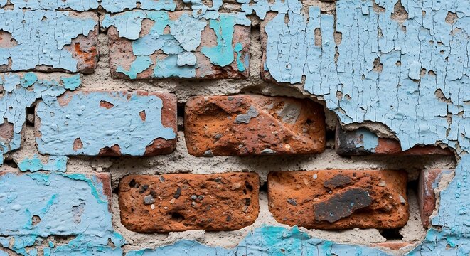 Closeup of a wall with peeling purple paint and exposed concrete surface