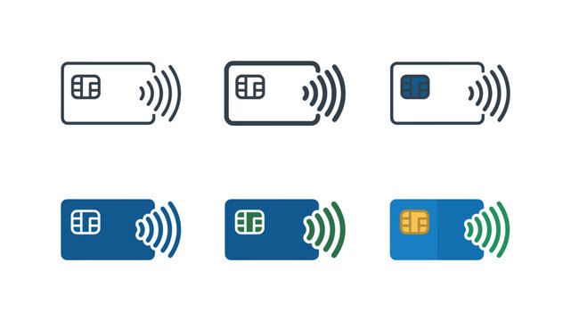 Contactless payment icons showing credit cards with NFC technology and signal waves