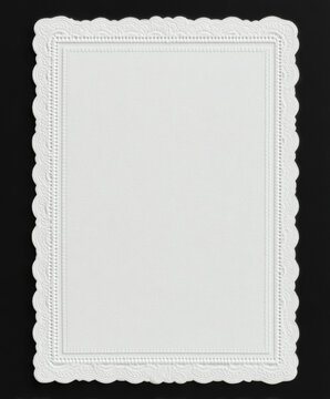 White vintage lace doily paper frame &ndash; blank rectangular decorative border for invitation, menu, wedding stationery, and luxury branding design