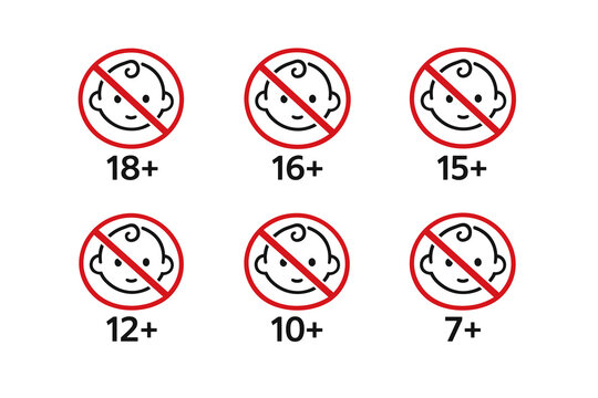 Flat Vector Age Restriction Icons Set &ndash; 18+, 16+, 15+, 12+, 10+, 7+ with Baby Face Prohibition Signs in Red