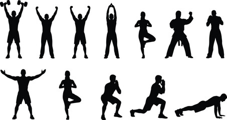 Fototapeta premium Collection of black silhouettes featuring people performing various fitness exercises yoga poses martial arts training and gym workout routines isolated on white.