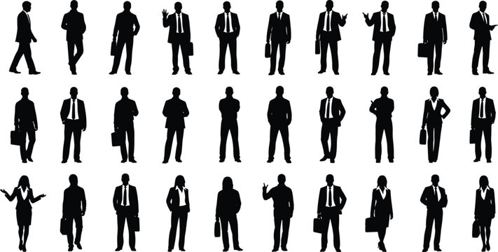 various poses for corporate teamwork and leadership silhouettes in professional formal suits standing and walking in various poses for corporate teamwork and leadership concepts
