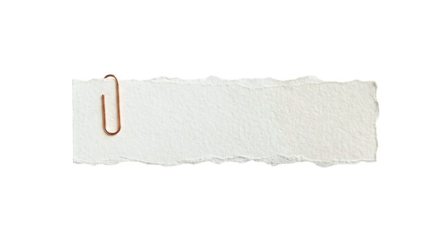 Blank torn white paper strip attached with a rose gold paperclip on a transparent background